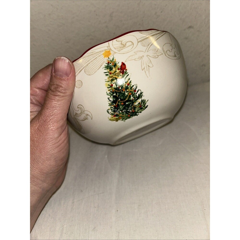 Thirty Fourth & Main Christmas Tree Bowl Ceramic Holiday Dinnerware Red Rim